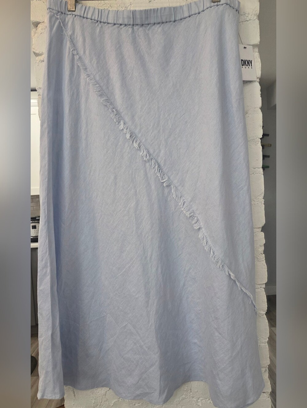 DKNY Light Blue Fringe Trim Linen Maxi Skirt
